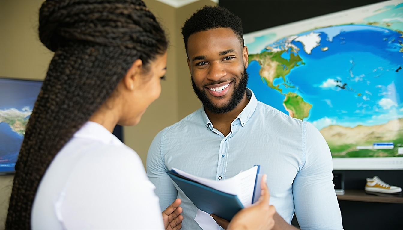 Travel agency consultant assisting a client